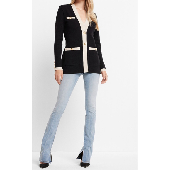 Women's EXPRESS Black & White Cardigan Sweater Gold Buttons Medium - Picture 3 of 12